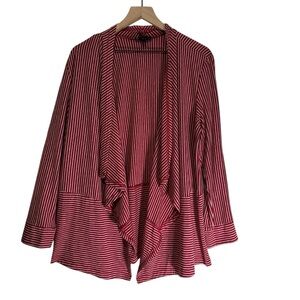 N Touch Open Front Cardigan L Red Gray Striped Waterfall Long Sleeve Casual